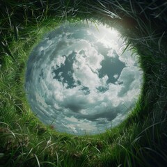 Wall Mural - A surreal view of clouds from a grassy earth hole