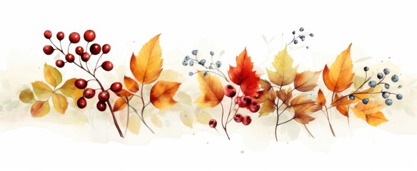 Aufkleber - Autumnal Watercolor Leaves Berries Branch Design