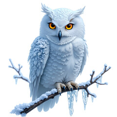 Wall Mural - Majestic white owl perches on a frosty branch adorned with icicles in a serene winter wonderland, digital art of character design concept.