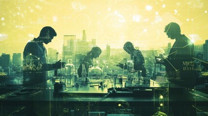 Poster - Scientists working in a lab with a city skyline in the background, showcasing research and innovation.