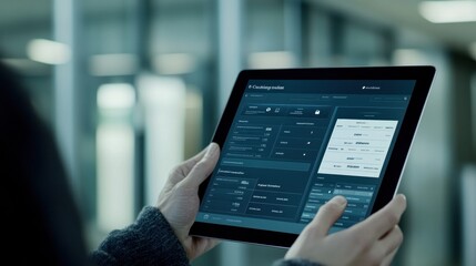 Fototapete - A person holding a tablet displaying a user interface with data and options.