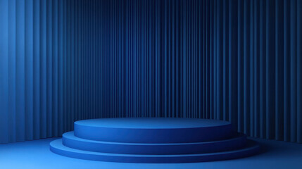 Wall Mural - serene blue podium set against backdrop of vertical blue curtains creates calm and modern atmosphere, perfect for presentations or events