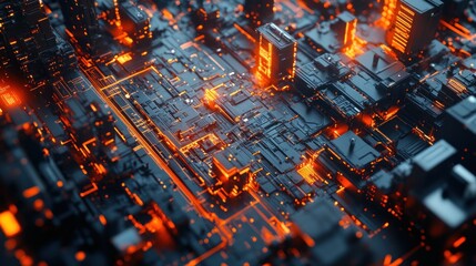Aufkleber - A futuristic cityscape with glowing circuitry and vibrant orange lights.