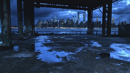 Poster - A desolate industrial space with a view of a city skyline at dusk.