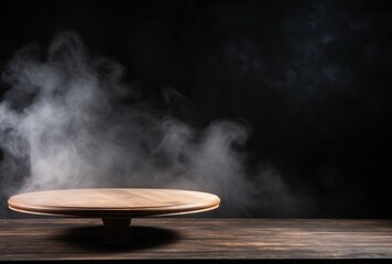 Poster - Wooden Round Tray on Dark Table with Smoke
