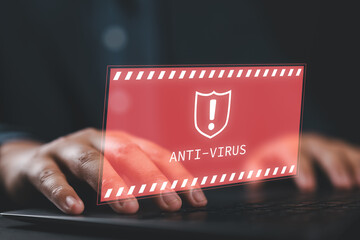Aufkleber - Firewall hacker protection safety and concept of antivirus alert. Businessman or personnel, programmer, or developer is using a computer laptop with an exclamation mark and a shield red sign.
