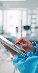Aufkleber - Hands, woman and doctor with tablet for search, planning or schedule at university hospital in Japan. Typing, surgeon and healthcare professional on digital app for medical report, research or review