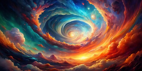 Wall Mural - A swirling vortex of color and light, a celestial dance of clouds and stars, a celestial symphony of vibrant hues