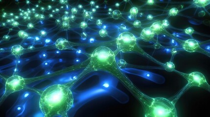 Poster - A glowing grid of green and blue interconnected nodes depicting advanced biotechnology.