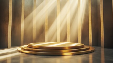 Poster - Dramatic light beams highlight a 3D golden podium with sleek elegance, perfect for ceremonies or branding.