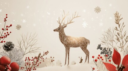 Fototapete - Elegant holiday card design with deer, geometric motifs, and simple festive decor.