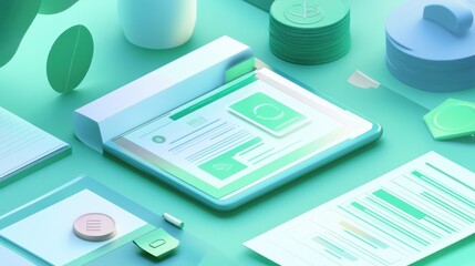 Poster - A digital workspace featuring a tablet, documents, and stationery in a green color palette.