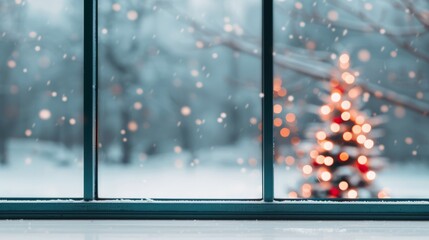 Wall Mural - Cozy winter scene with a festive tree outside.