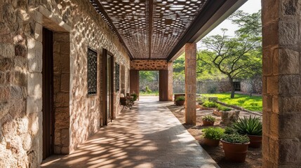 Poster - A serene stone corridor with intricate patterns and lush greenery outside.