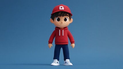 Poster - A stylized 3D character of a boy in a red hoodie and cap, set against a blue background.