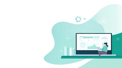Aufkleber - A digital workspace illustration featuring a person working on a laptop beside a large screen.