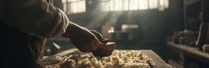Poster - A craftsman shaping wood in a workshop, surrounded by wood shavings and soft light.