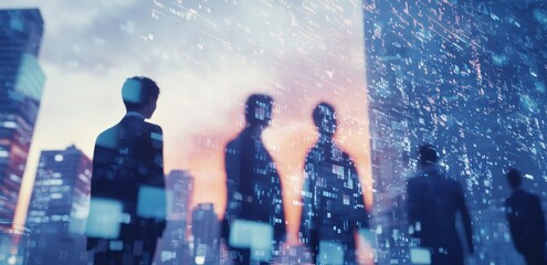 Aufkleber - Silhouettes of people against a futuristic cityscape with digital elements.