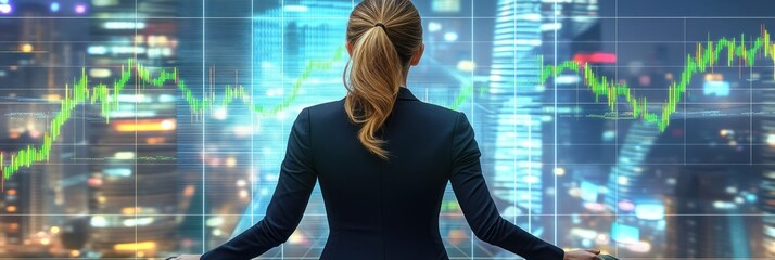 Poster - A professional analyzing financial data against a city skyline backdrop.