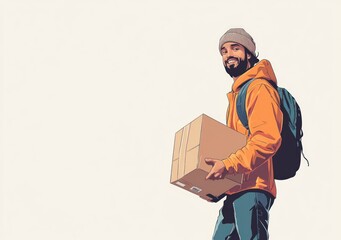 Poster - A smiling person holding a cardboard box, suggesting delivery or logistics.