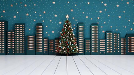 Wall Mural - Festive Christmas scene with tree and city backdrop.