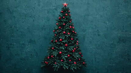 Wall Mural - Festive Christmas tree with red ornaments and star.