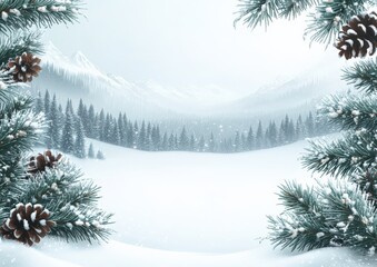 Canvas Print - Serenity in Winter Landscape with Snow-Covered Pines and Mountains: Peaceful Christmas Nature Scene, Forest Backdrop, Snowy Pines and Fir Trees in Frosty Wonderland