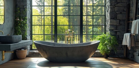 Poster - A serene bathroom with a stone bathtub and large windows overlooking lush greenery.