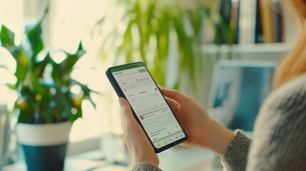 Poster - A person using a smartphone in a bright, plant-filled workspace.