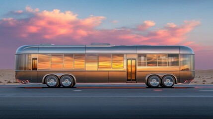 Aufkleber - A futuristic, sleek bus design reflects a sunset in a desert landscape.