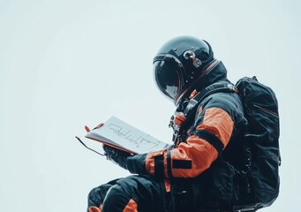 Poster - An astronaut sits, sketching in a notebook against a pale sky.