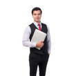 © suphaporn - Portrait working Asian business handsome man ware suit holding laptop computer isolated on a transparent png background - business concept