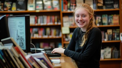 Aufkleber - A young woman smiles while working at a computer in a library setting.