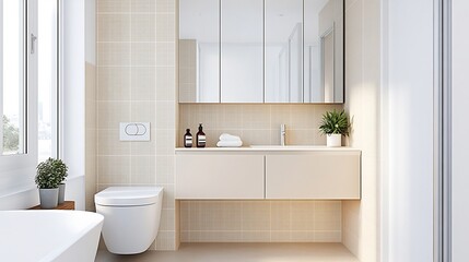 Wall Mural - Minimalist Bathroom Design with Floating Vanity and Beige Tiles