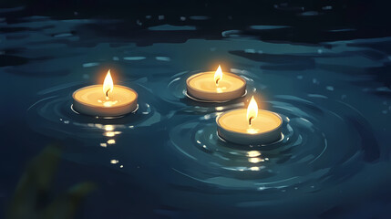 Canvas Print - Floating candles with soft illumination on water. Floating Candle Light. Illustration