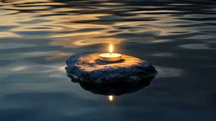 Wall Mural - Candle on a floating rock in tranquil waters. Floating Candle Light. Illustration