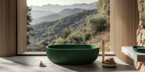 Fototapete - A serene bathroom with a green bathtub overlooking a mountainous landscape.