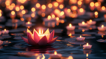 Canvas Print - A single lit candle in a lotus flower floats on the surface of a lake with many more candles floating in the background. Floating Candle Light. Illustration