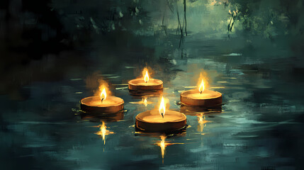 Canvas Print - A painting of a pond with five lit candles floating on the water. Floating Candle Light. Illustration