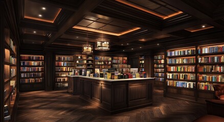 Poster - A cozy library filled with books, featuring wooden shelves and warm lighting.