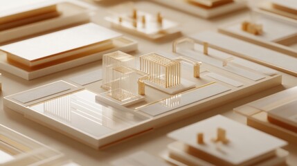 Poster - A minimalist architectural model showcasing various structures and layouts in a soft color palette.