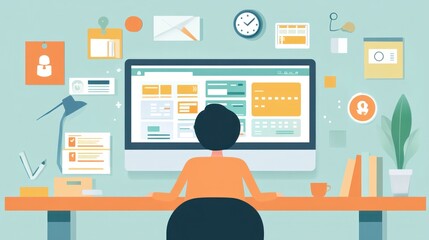 Poster - A person working at a desk with a computer, surrounded by organizational tools and decor.