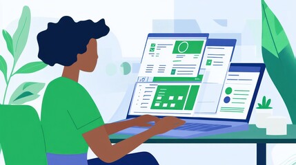 Aufkleber - A person working on a laptop with digital dashboards in a modern workspace.