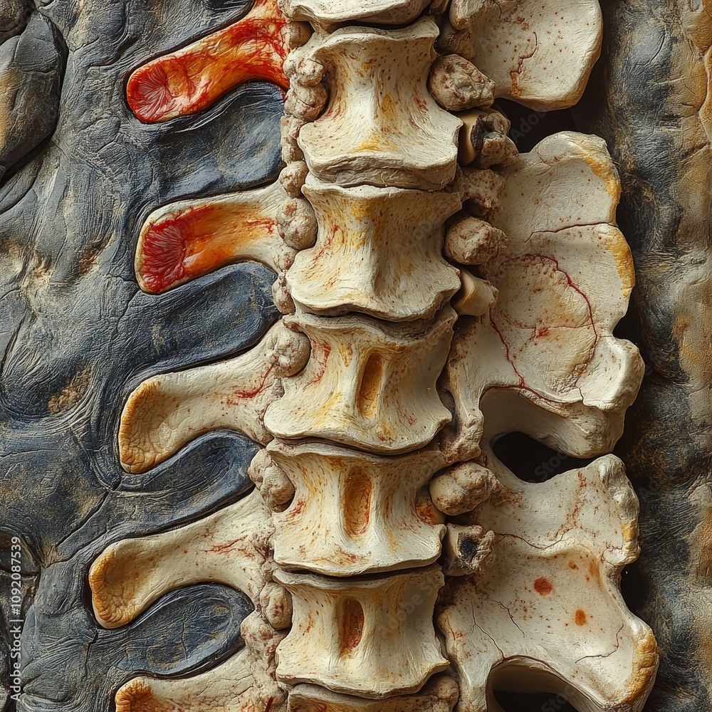 Highly detailed cross-section of lumbar spine and sacral region ...