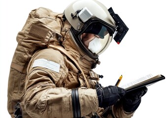 Aufkleber - An astronaut in a beige space suit writes notes while observing surroundings.
