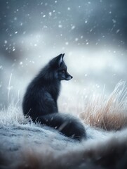 Poster - A solitary black fox sits gracefully in a snowy landscape, evoking tranquility and beauty.