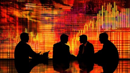 Poster - Business meeting with silhouettes against a vibrant financial background.
