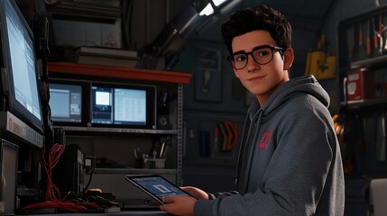 Poster - A young person with glasses sits at a desk, using a tablet in a tech-filled environment.