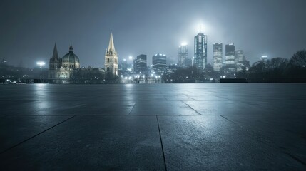 Poster - A foggy night view of a city skyline with historical buildings and modern skyscrapers.