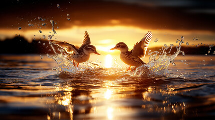 Aufkleber - Ducks splashing in water at sunset, creating serene atmosphere